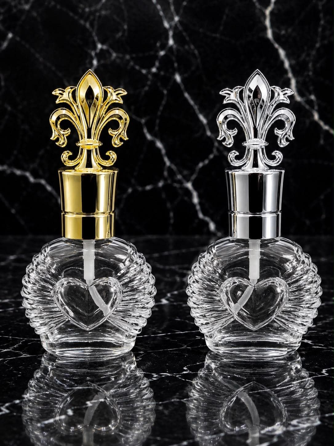 Heart-Embossed Perfume Bottle with Fleur-de-lis Cap, image 1 of 2